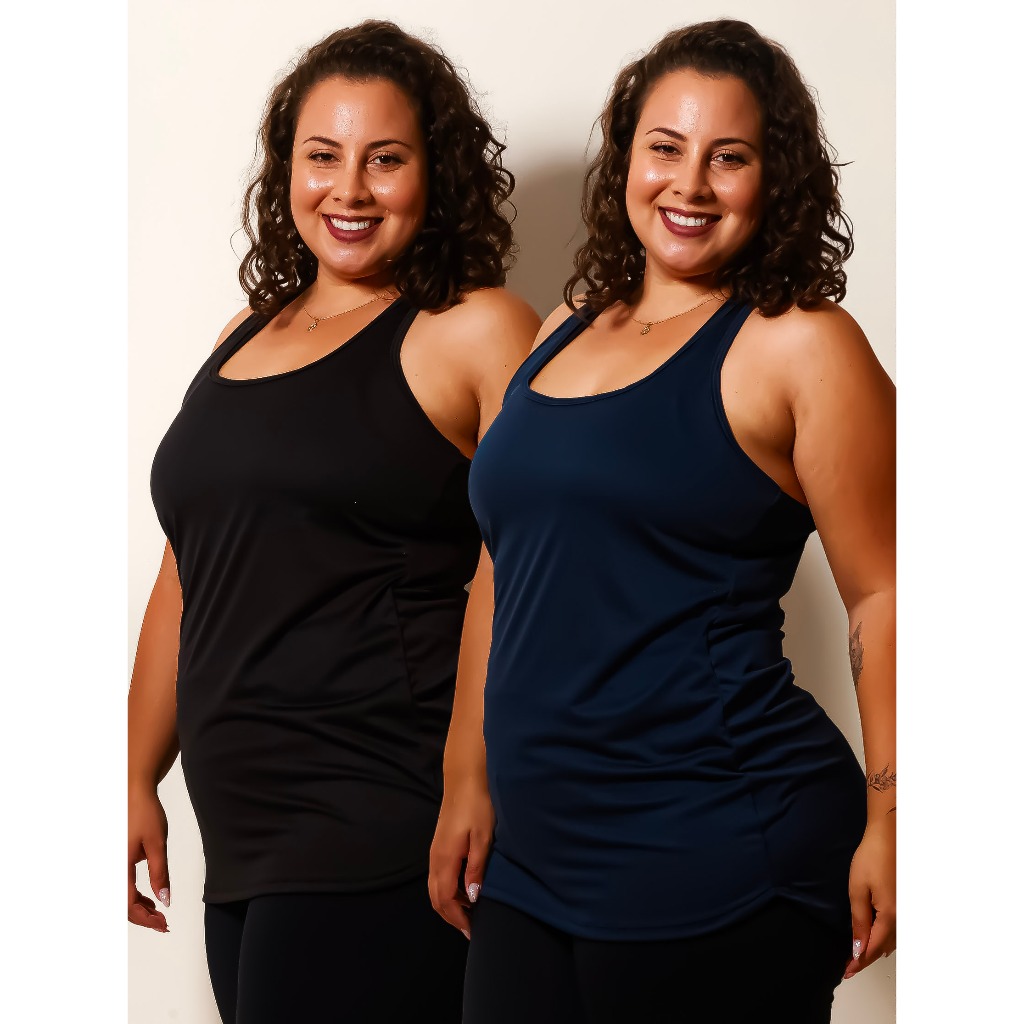 Kit 2 Regata Feminina Plus Size DryFit Camiseta Academia Fitness Roupa Tapa Bumbum Longa Blusa Curve