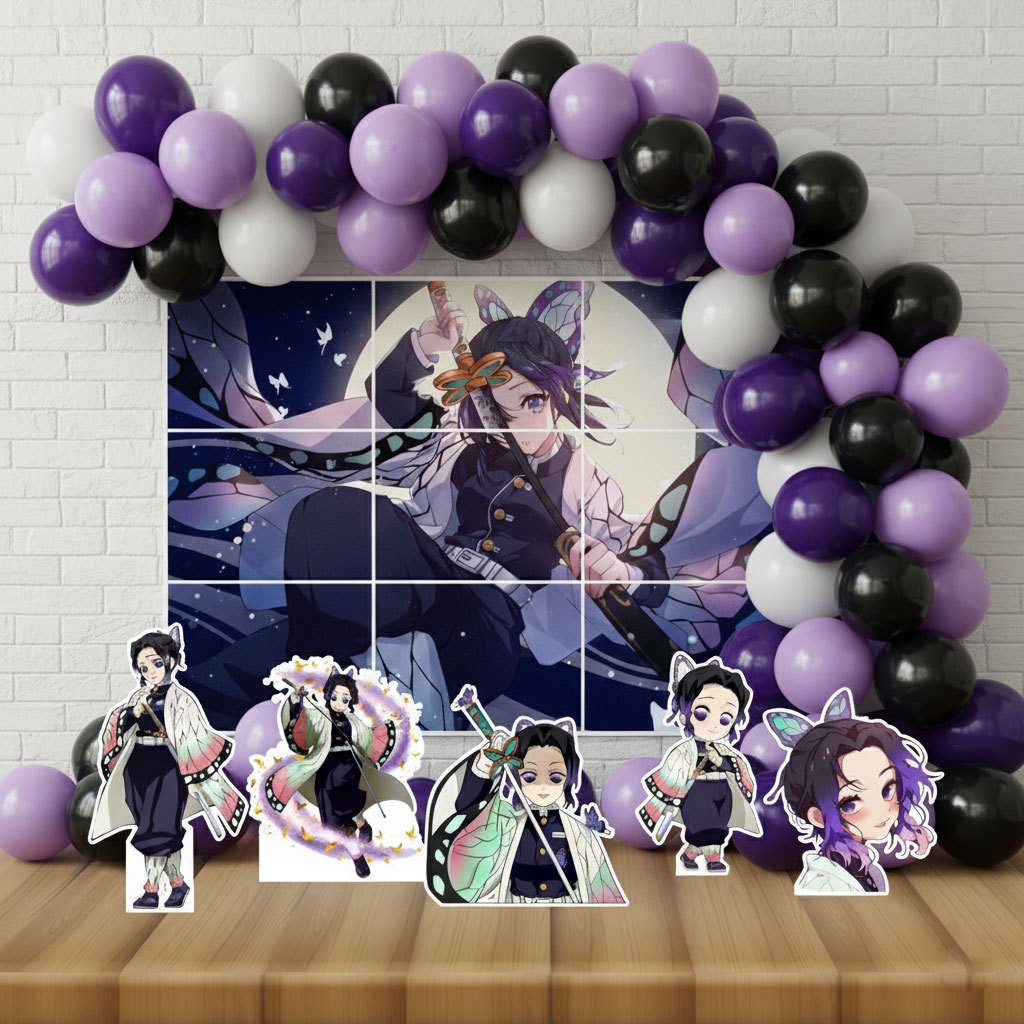 Kit Decoração Festa Infantil Painel + 5 Displays de mesa + 50 Bexigas - Shinobu Demon Slayer em Oferta na Shopee