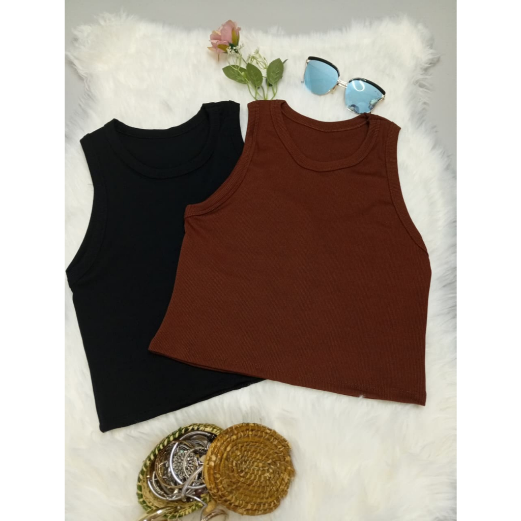 Kit 2 regatas Cropped Feminino– Malha Canelada Lisa – Confortável e Macio em Oferta na Shopee