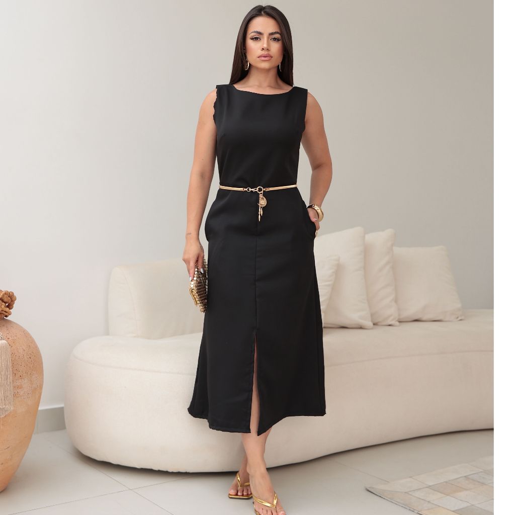 Vestido Feminino Midi Alfaiataria Alças Largas Bolsos e Fenda Sofisticada Festas
