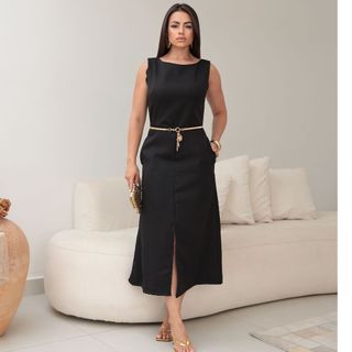 Vestido Feminino Midi Alfaiataria Alças Largas Bolsos e Fenda Sofisticada Festas