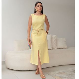 Vestido Feminino Midi Alfaiataria Alças Largas Bolsos e Fenda Sofisticada Festas em Oferta na Shopee