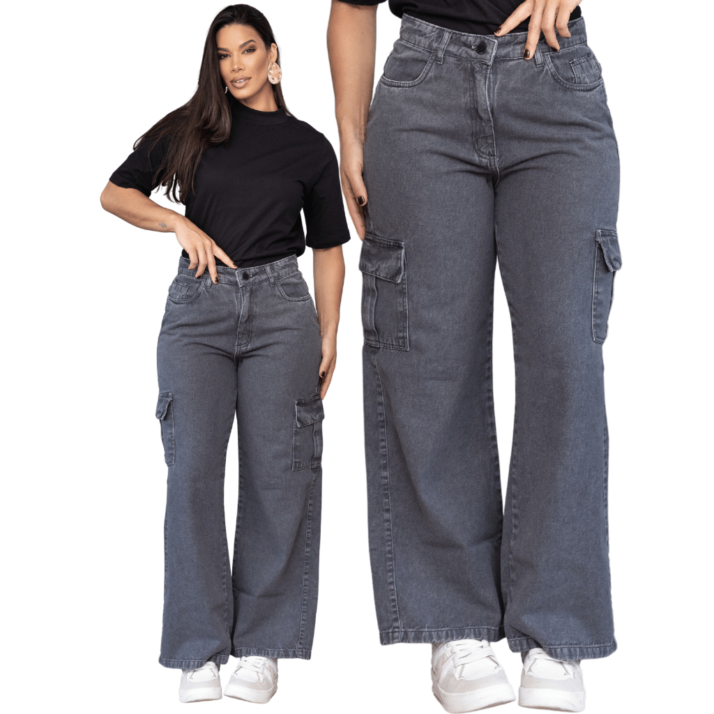 Calça Wide Leg Cargo Grafite Barra Larga 100% algodão em Oferta na Shopee
