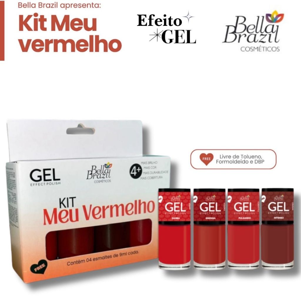 Esmalte Bella Brazil Efeito Gel Kit 4 Cores Meu Vermelho Vermelho Natal