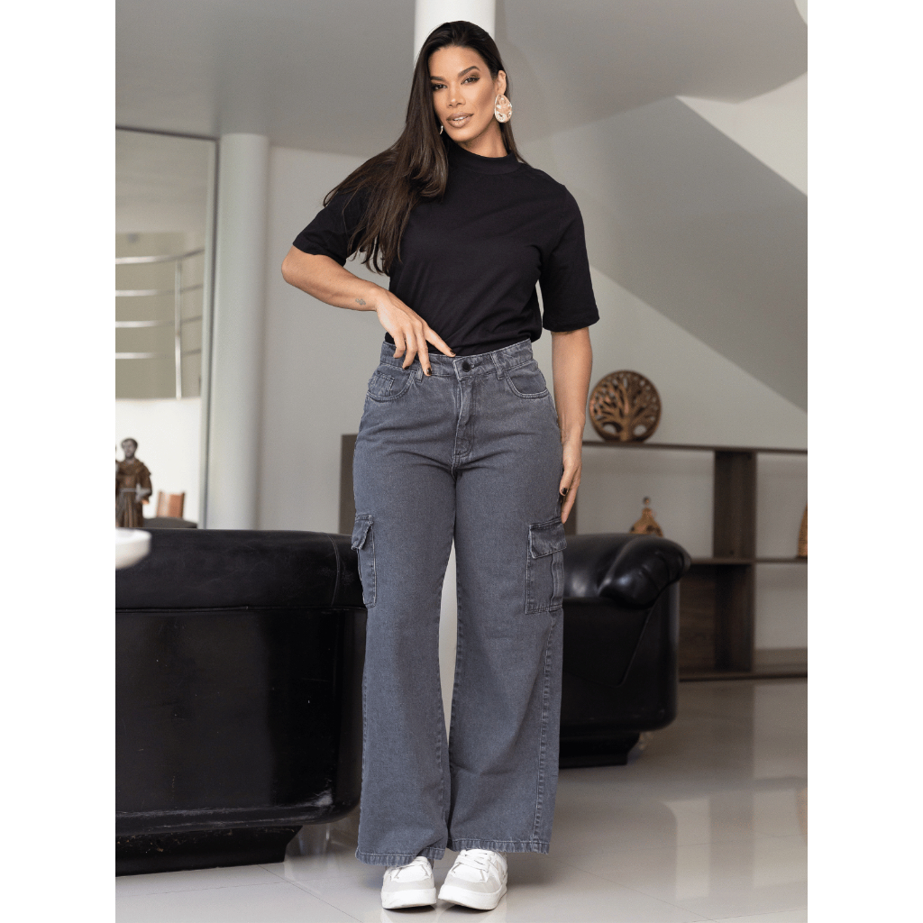 Calça Wide Leg Cargo bolso lateral Cintura Alta Grafite Bege tecido sem Lycra em Oferta na Shopee
