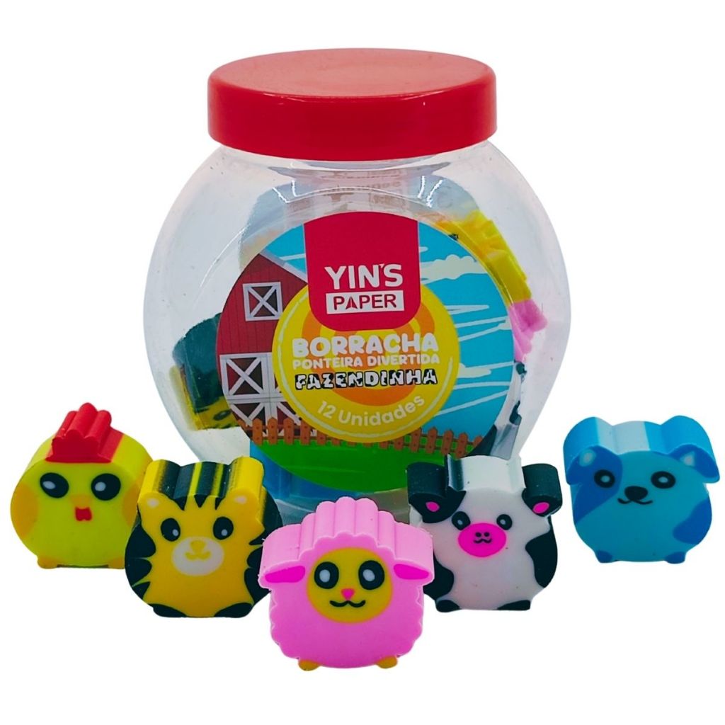 Borracha Ponta de Lápis Pote 12 Animais Fazenda Escolar