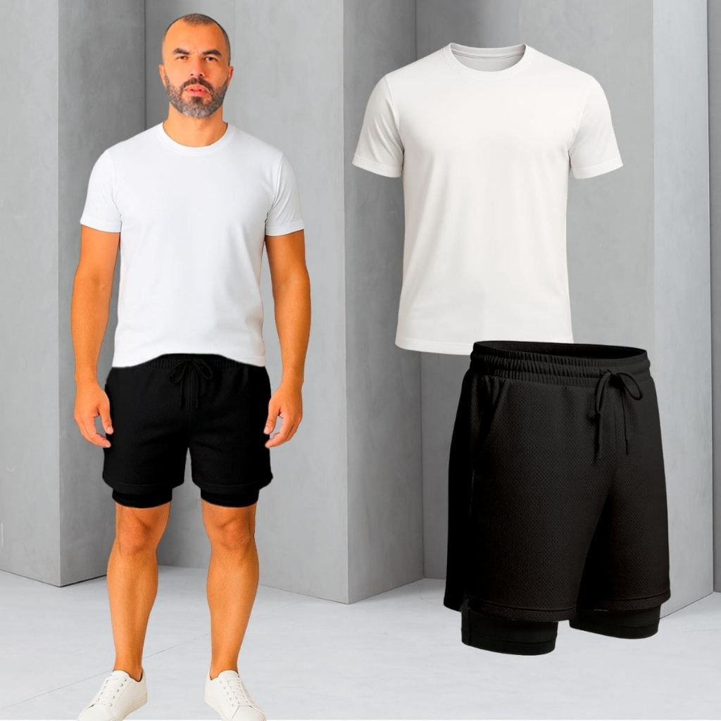 Kit Bermuda e Camiseta Masculinas Academia Esportivas três Conjunto Manga Curta Treino Esporte Verão