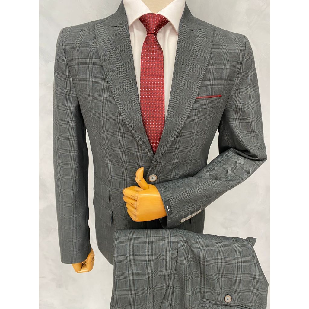 Terno Principe de Gales Poliviscose Masculino Cor Cinza Chumbo Xadrez Lapela Larga 3 Bolsos