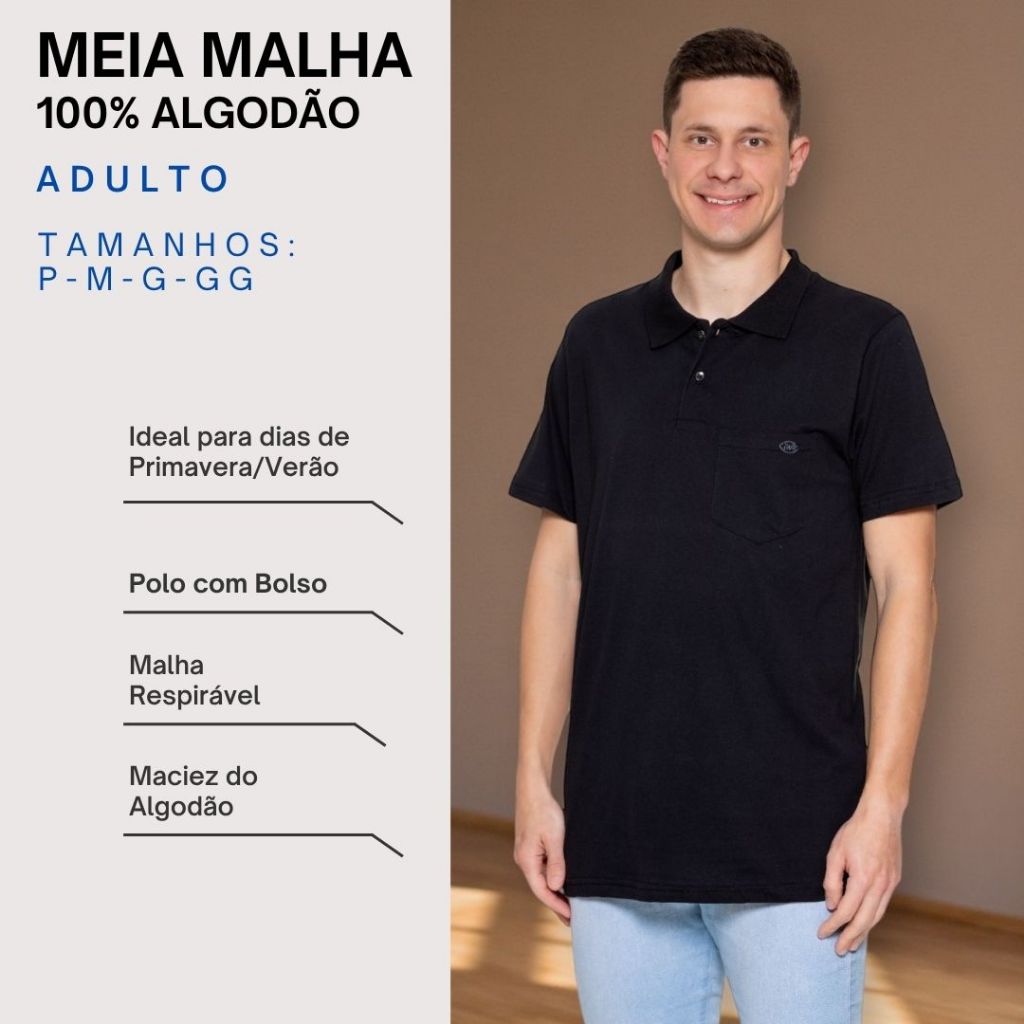 Camisa Gola Polo Masculina 100% Algodão Lisa Bolso Manga Curta Básica Confortável Casual Verão