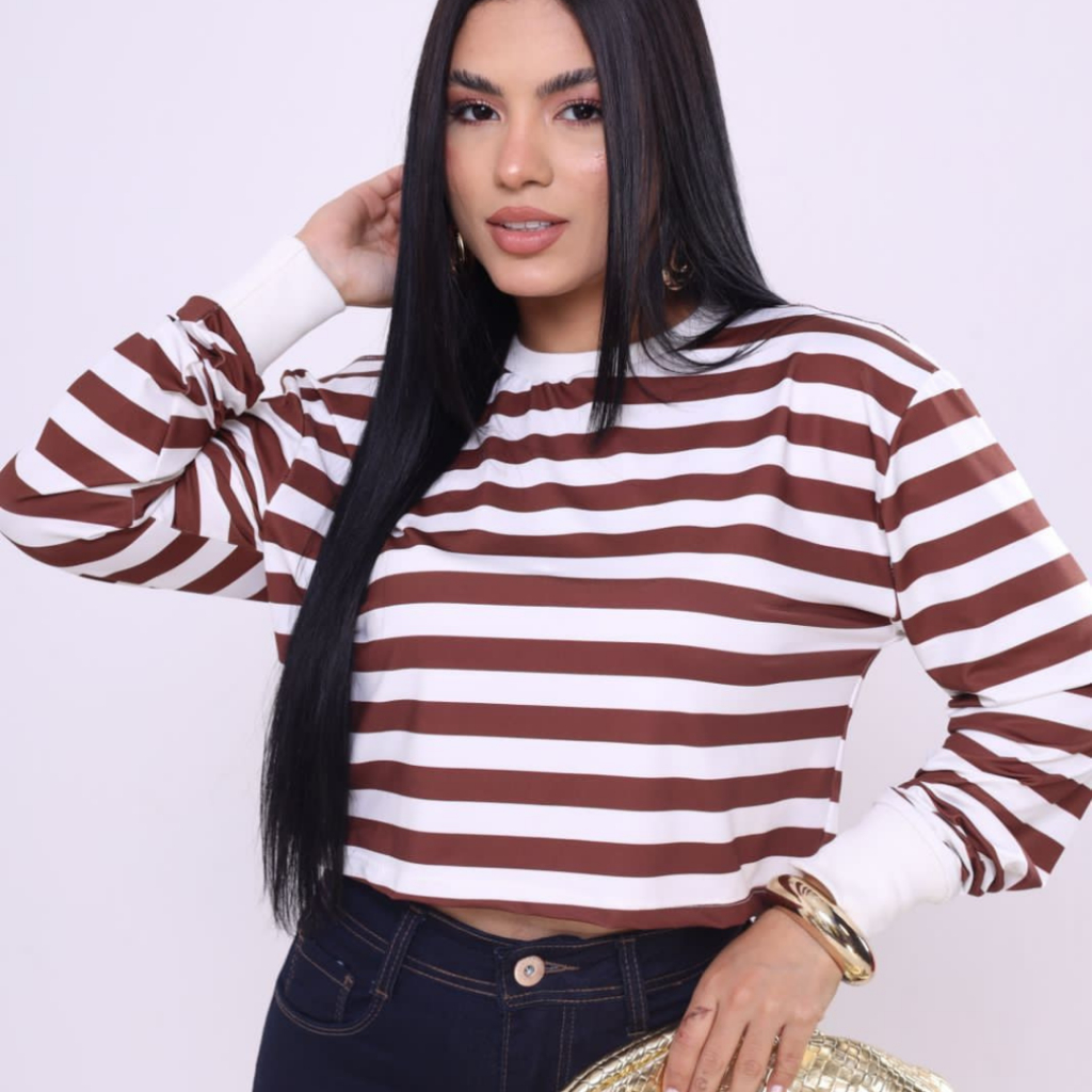 ✨ Semi Cropped Manga Longa Listrado em Poliamida – Marrom Mocca ✨