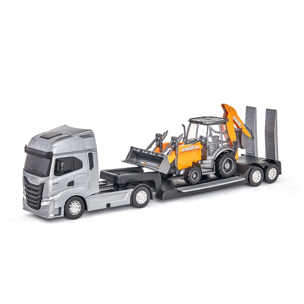 Caminhão de Brinquedo Cegonha com Retroescavadeira Infantil – Caminhão IVECO + Trator CASE
