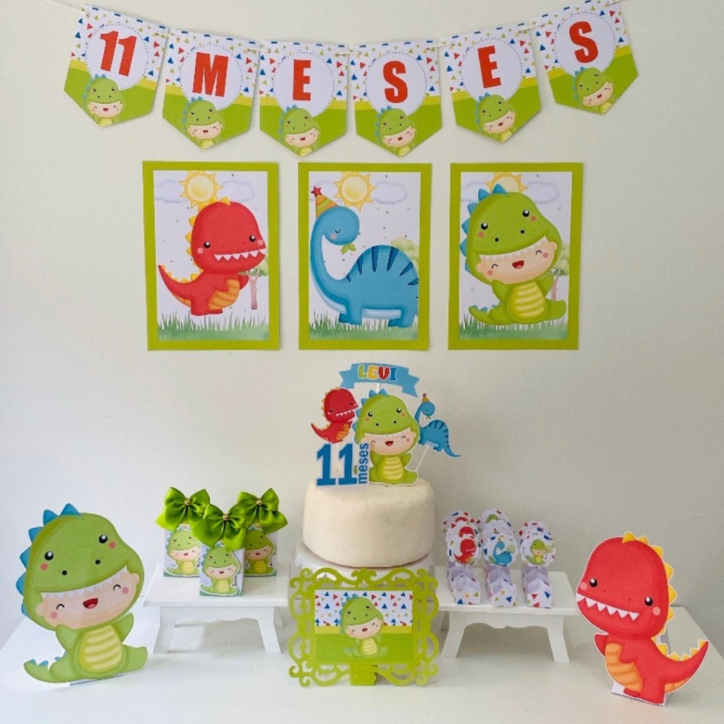 Kit Festa Dinossauro baby personalizado Menino | Só um Bolinho 100 itens | Mesversário Aniversário Decoração