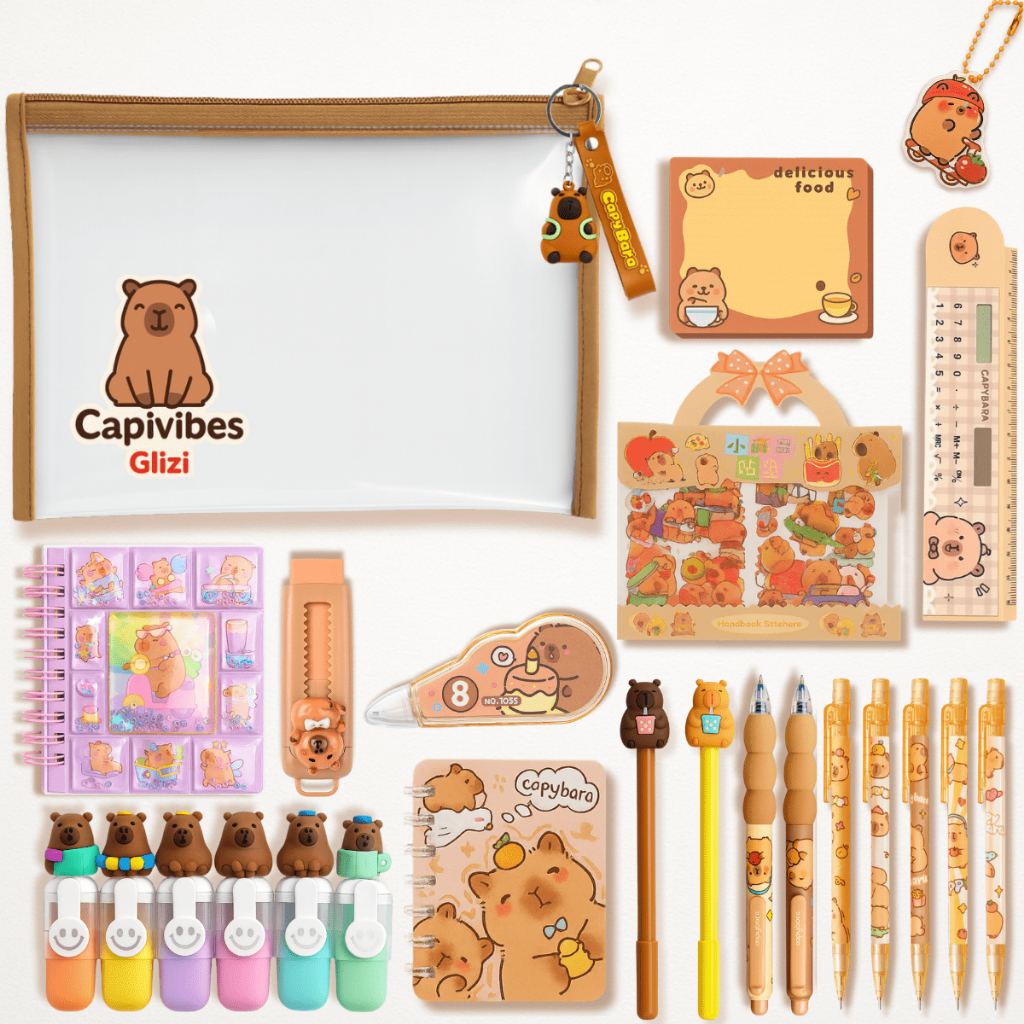 Kit Capivara Glizi Capivibes - Estojo PVC + Chaveiro + Adesivos + Canetas e Muito Mais | Kit Escolar em Oferta na Shopee