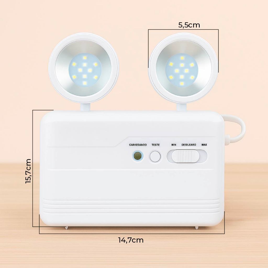 Detalhes do Kit 10 Luminária de Emergência LED PRO 20W com 2 Farol 40 LEDS Luz Branco Frio