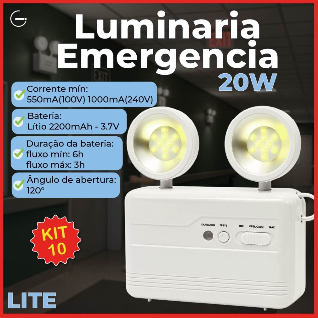 Kit 10 Luminária de Emergência LED PRO 20W com 2 Farol 40 LEDS Luz Branco Frio
