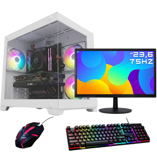 PC Gamer Agaron Ryzen 5 5500, RX 580 8GB, 16GB RAM, SSD 480GB, Gabinete Aquário BRANCO, Lateral Vidro