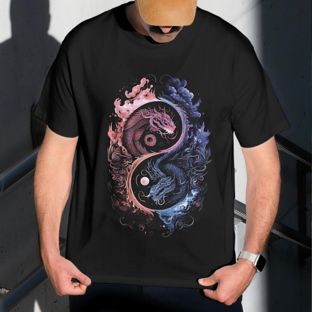 Camiseta Masculina Estampa Ying Yang Dragões 100% Algodão Estilo Conforto Diário Do Tamanho P ao GG