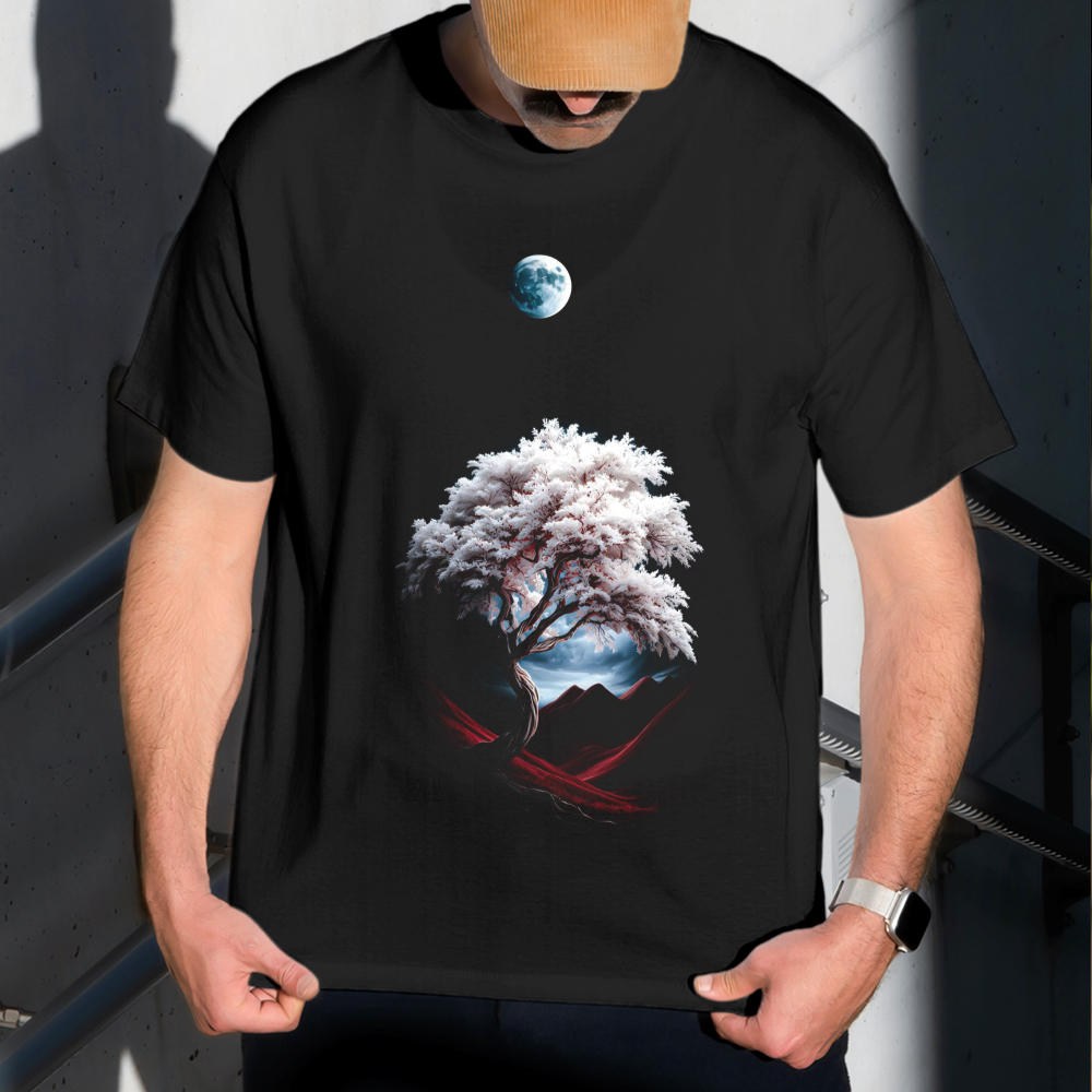 Camiseta Masculina Estampa Árvore Sob Luar 100% Algodão Estilo Conforto Diário Do Tamanho P ao GG