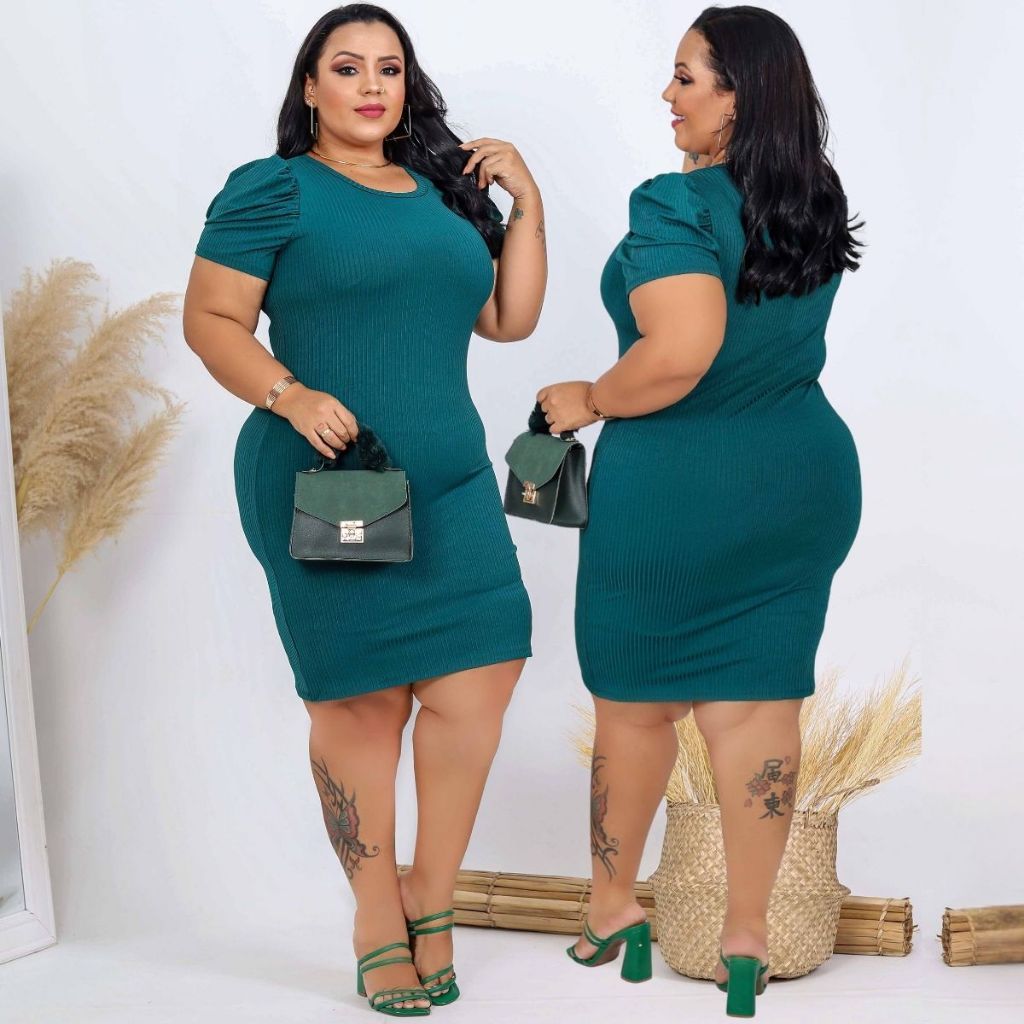 Vestido Plus Size Feminino Canelado Tubinho Midi Manga Princesa Bufante Gordinha Candy Color