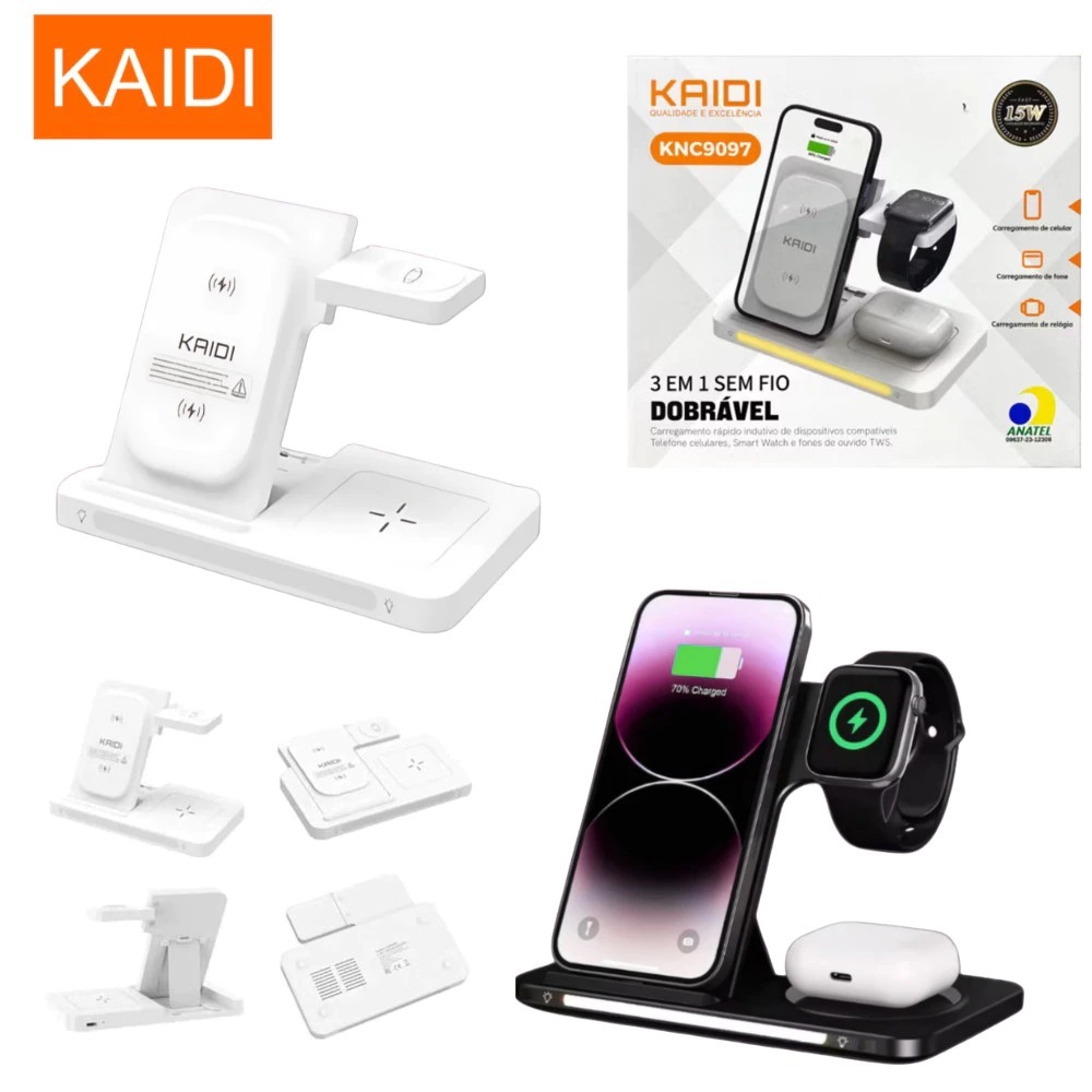 Carregador Indução Sem Fio 3 Em 1 Dock Station Para Celular Iphone Relógio Watch Kaidi KNC-9097