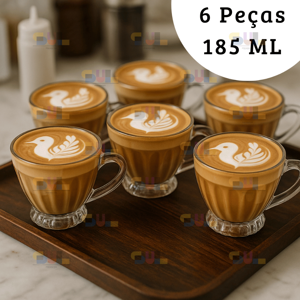 Jogo de Xicaras 6 PEÇAS de Vidro Modelo BRASILIANO 185ml Moderna Para Cozinha e Café Chá Resistente