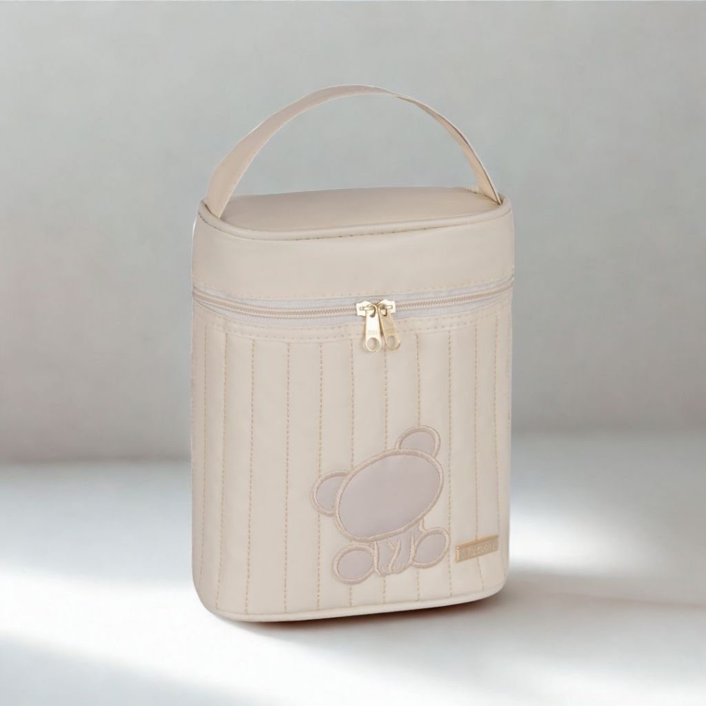 Porta Mamadeira Térmico Bege com Urso Bordado Bege