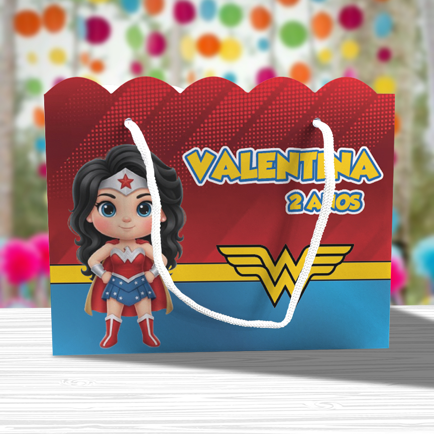 Sacolinha de Festa Mulher Maravilha Lembrancinha Personalizada Kit Festa Sacola Ondulada Herói
