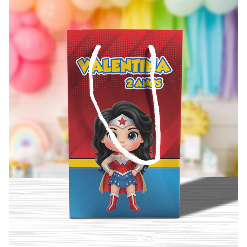 Sacolinha de Festa Mulher Maravilha Cute Lembrancinha Personalizada Kit Festa Sacola Pé Vingadores