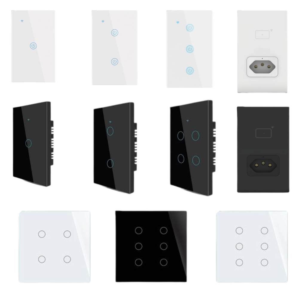 Interruptor Inteligente Wi-Fi Touch Aitek Tuya Alexa – Branco/Preto 1/2/3/4/6 Botões | Com Tomada