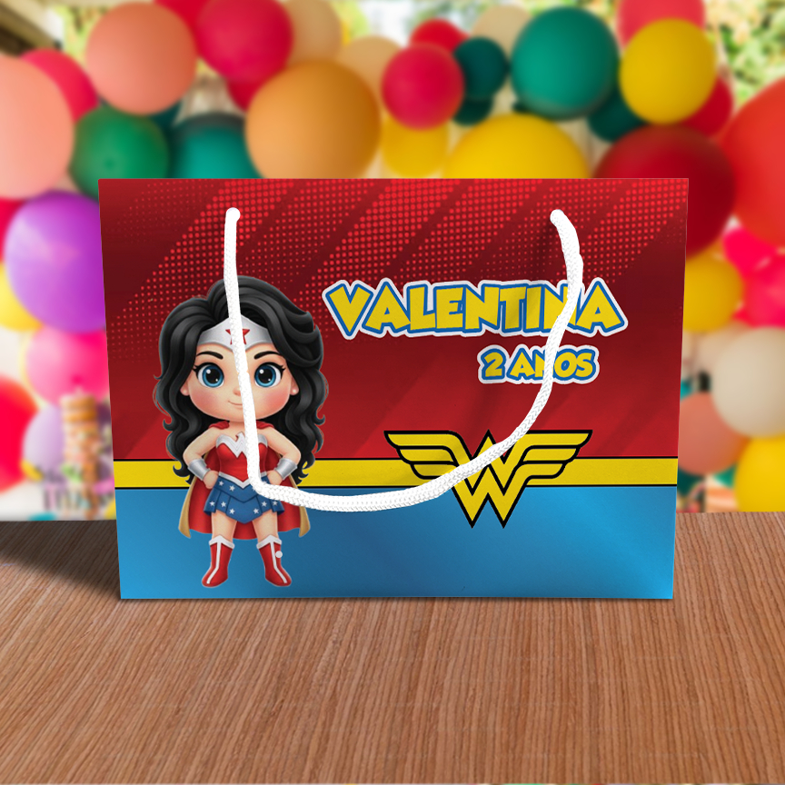 Sacolinha de Festa Mulher Maravilha Cute Lembrancinha Personalizada Kit Festa Sacola Deitada Reta