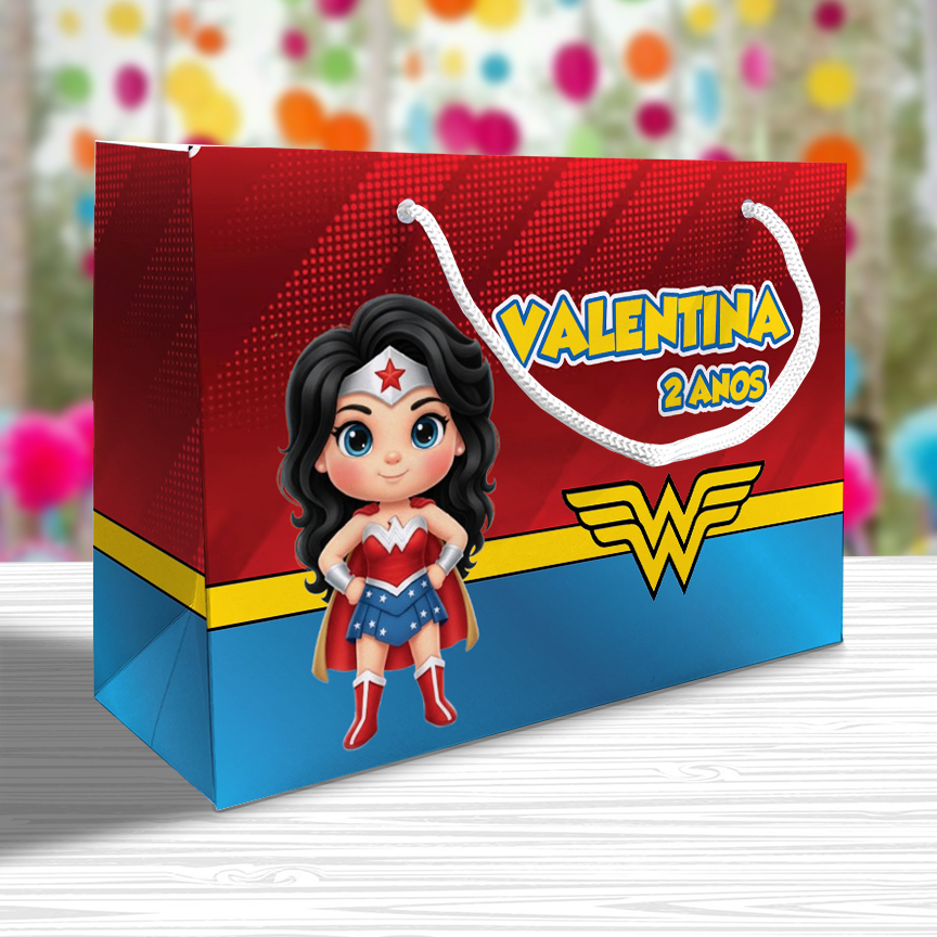 Sacolinha Mulher Maravilha Cute Personalizada Festa Lembrancinha Kit Festa Herói Heróis Vingadores Sacola Deitada Reta
