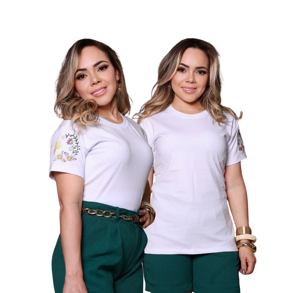Blusa de Algodão T-shirt Feminina com Detalhe Bordado na Manga em Oferta na Shopee