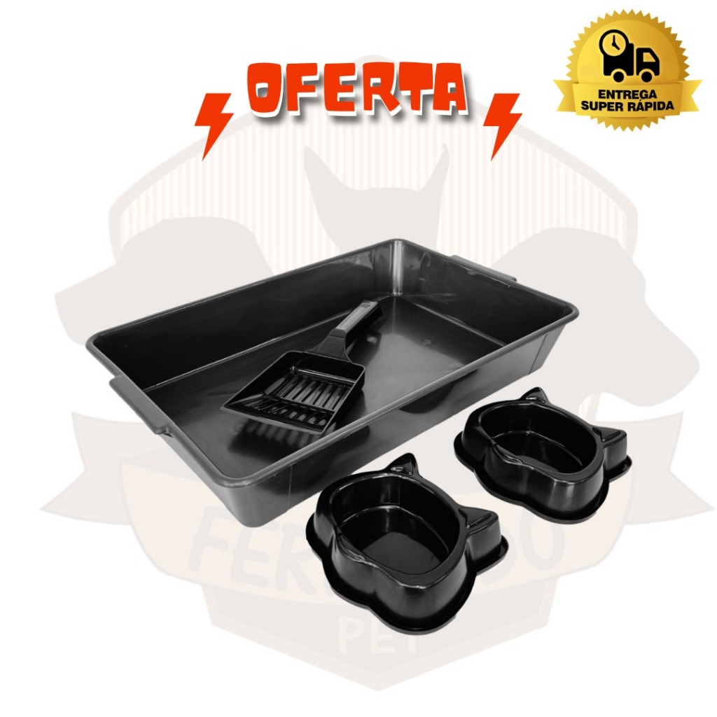 Kit para Gato | Bandeja de Gato Sanitária | Kit Bandeja para Gato | Bandeja+Pá+Comedouros.