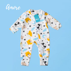 Macacão de Bebê Amore Vira Pé Raposa Com Zíper 100% Algodão