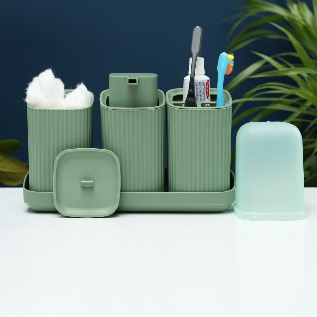 Kit Banheiro 04 Peças - P/ Sabonete liquido - P/ Escova - P/ Algodão - Lavabo Trio