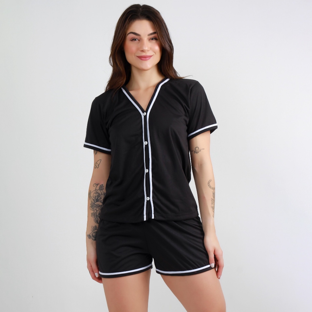 Pijama Feminino Baby Doll Short Verão Confortável Blogueirinha Alcinha Luxo Com Botões