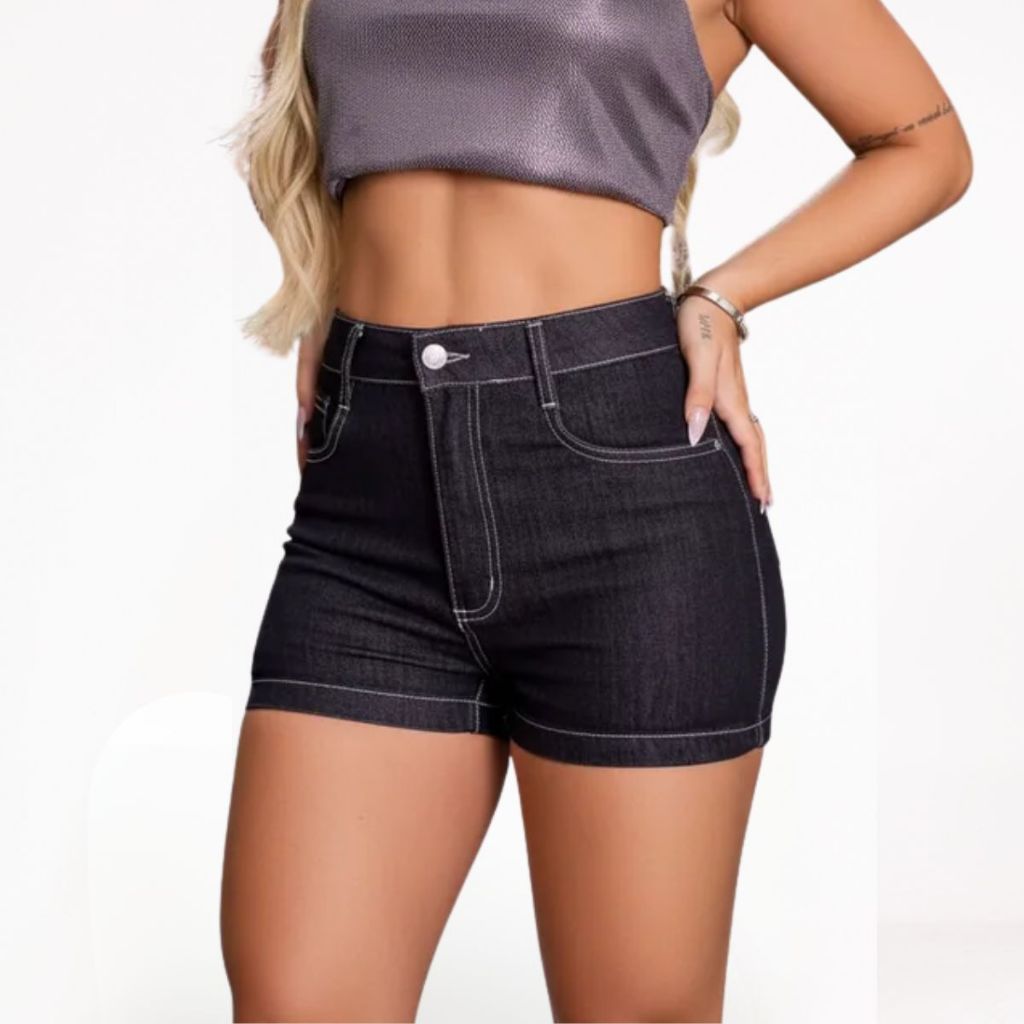 1535 - Shorts Feminino Jeans Estonado Preto c/ Barra Carmen Carmenenere Moda Atemporal
