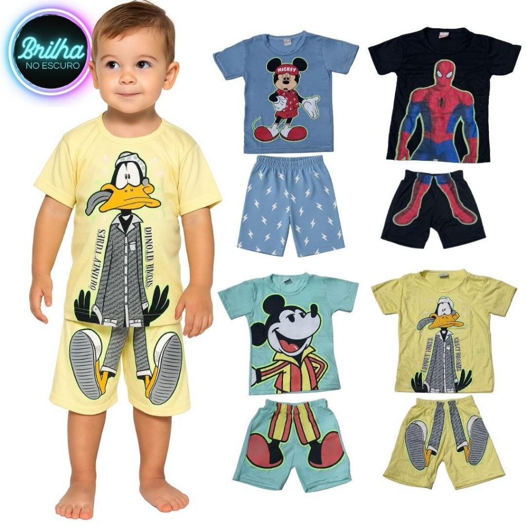 Conjunto Pijama infantil personagem que brilha no escuro Feminino e Masculino