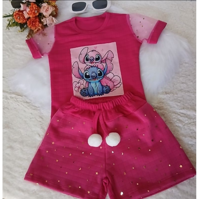 conjunto infantil stich menina  , short com tule estrelinhas e pompom , blusa com detalhes de strass e manga de tule em Oferta na Shopee