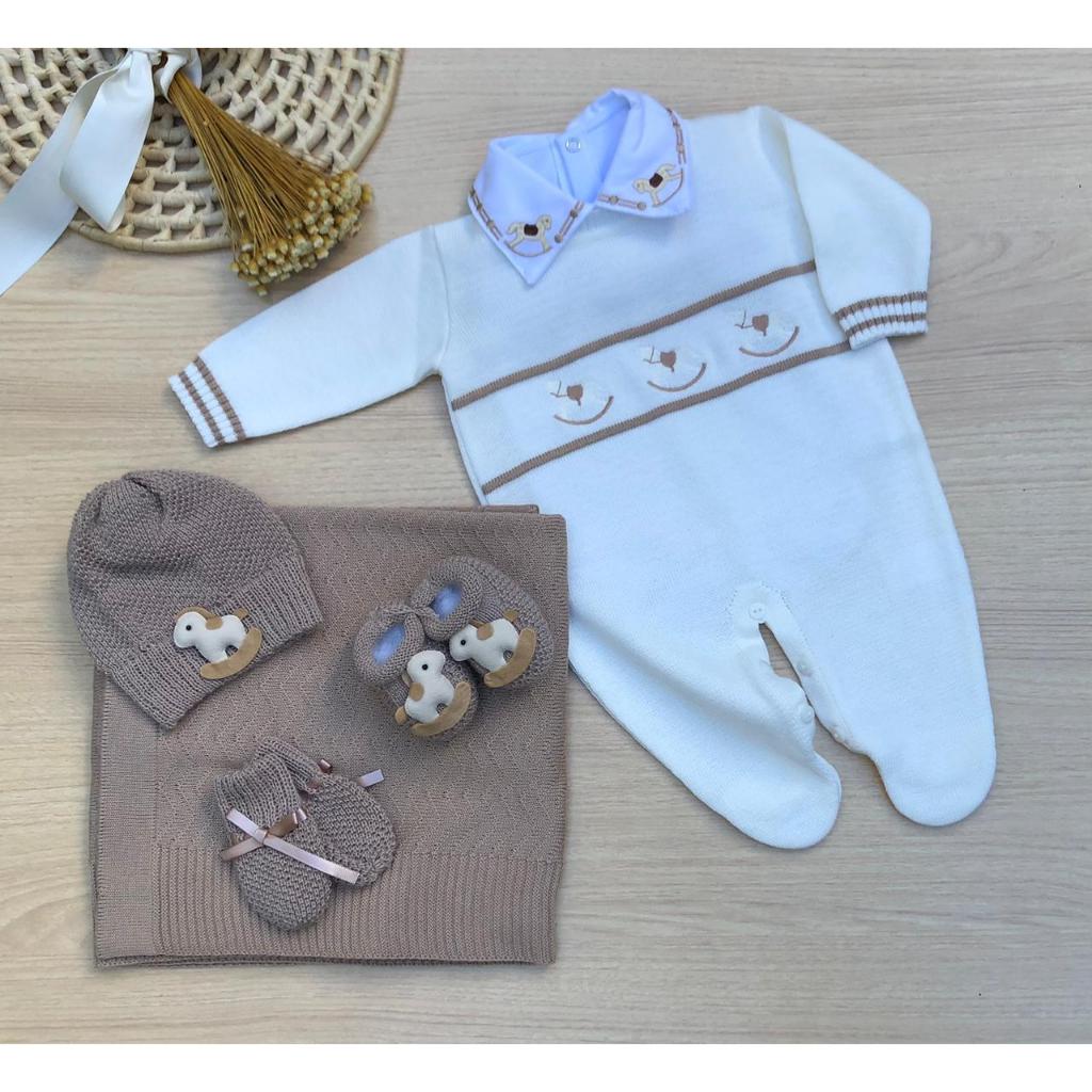 Saída de maternidade menino macacão cavalinho balanço tricot 6 peças