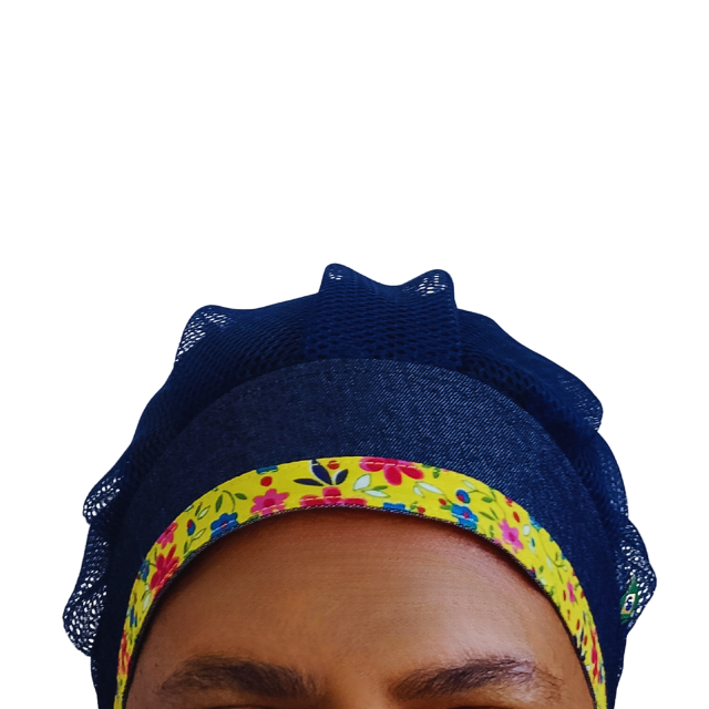 Touca para cozinha em jeans com detalhes em tecido em Oferta na Shopee