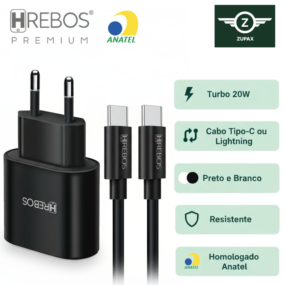 Carregador Turbo USB-C 20W & Lightning | Carga Rápida, Certificação Anatel, Compatível Android | Apple