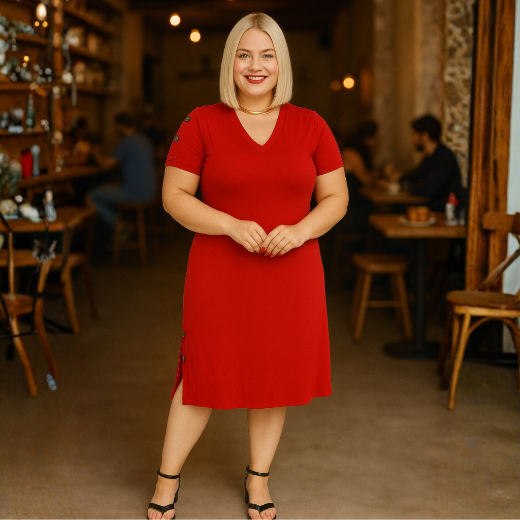 Vestido Feminino de Viscolycra Plus Size Com Detalhes de Botões e Fenda Lateral  47824.C1