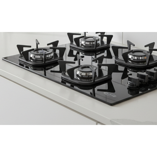 Cooktop Fogão Clarice 4 Bocas Vidro Temperado Preto Base Esmaltada Acendimento Automático Moderno