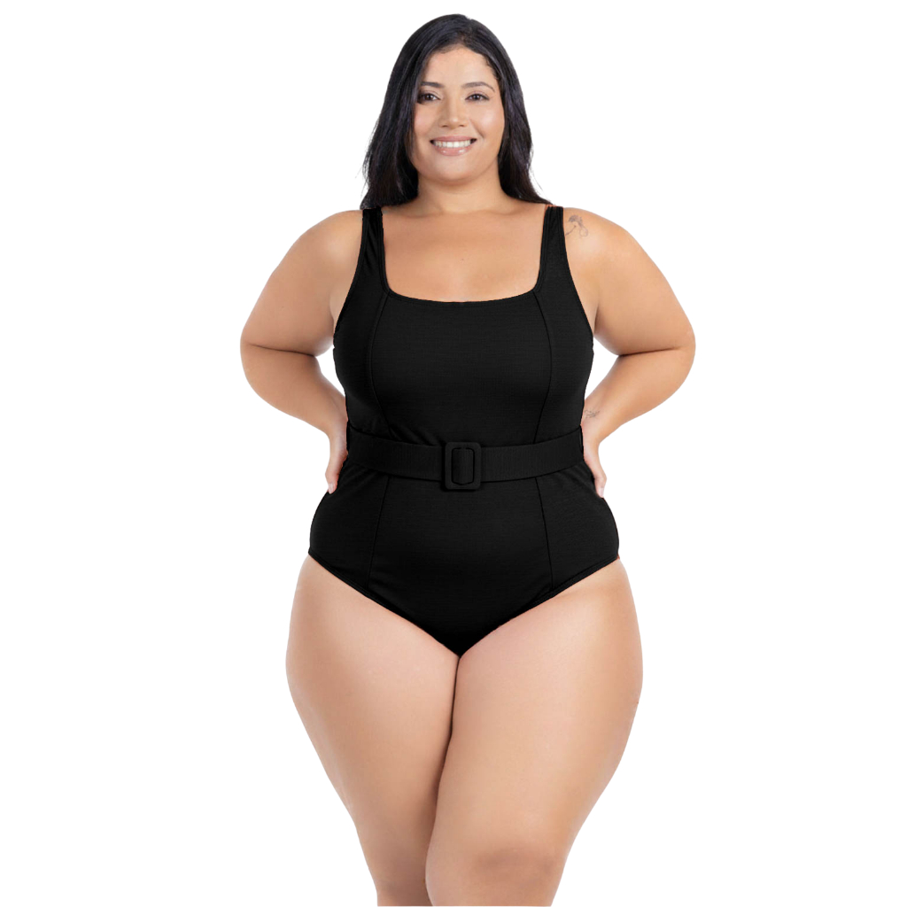 Maiô Feminino Plus Size Modelador Recorte Moderno Com Cinto Fivela Disfarça Barriguinha