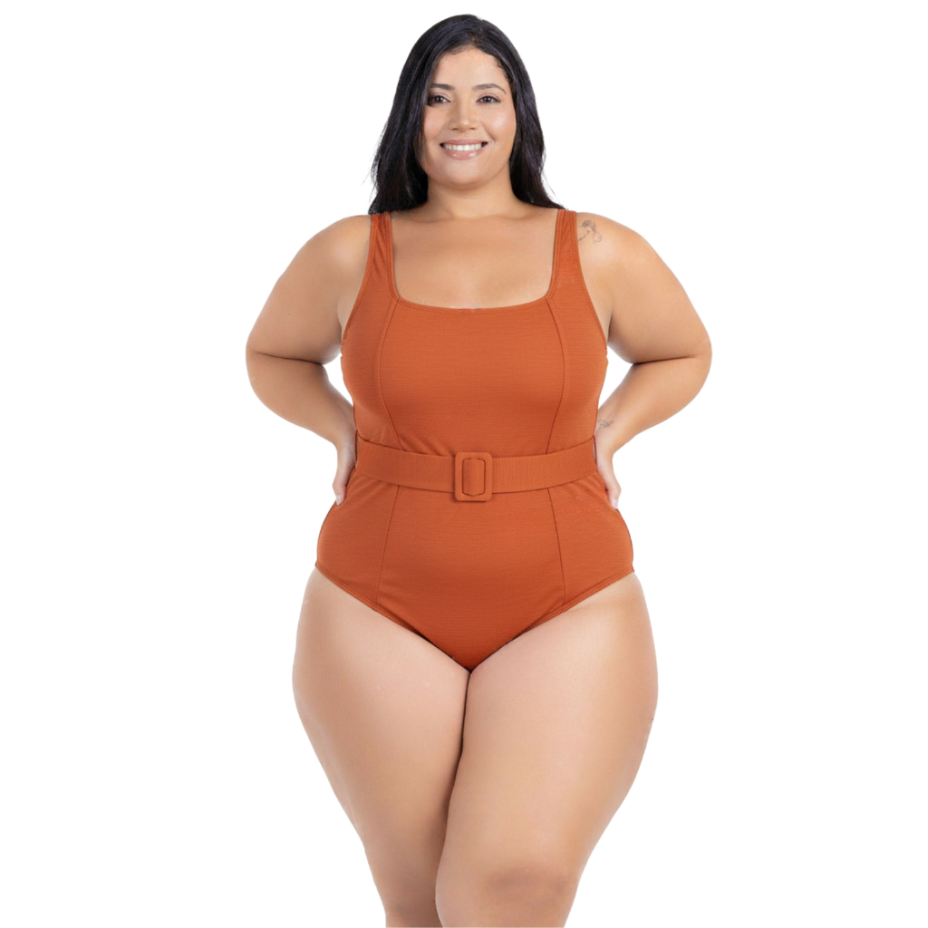 Maiô Plus Size Modelador Moda Praia Body Com Cinto Casual Recorte Moderno Sem Bojo