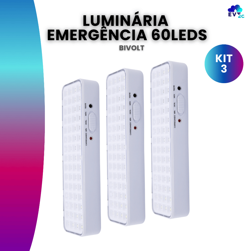 Kit 3 Luminária de Emergência 60 leds Bateria Recarregável Lâmpada Luz Branco Frio Bivolt 110v 220v em Oferta na Shopee