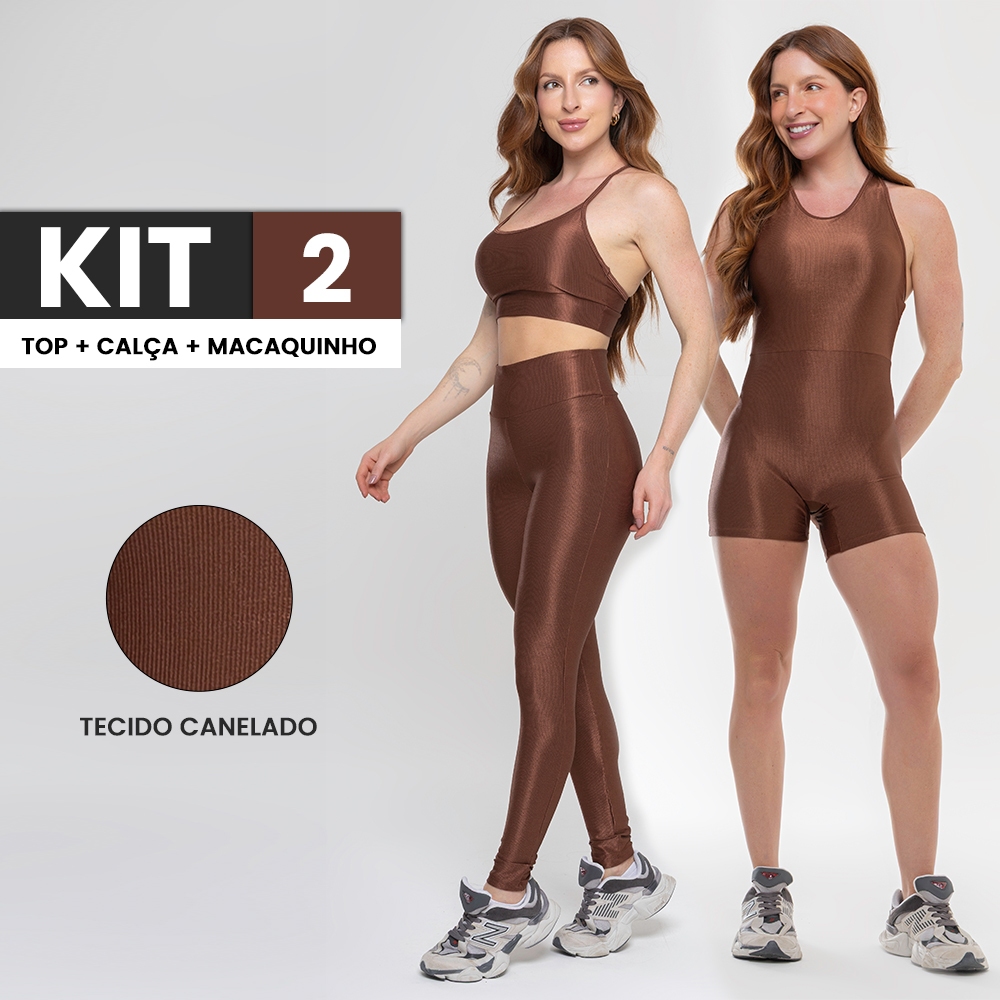 kit 3 peças Conjunto Canelado Brilhoso Calça Legging Academia e Top Fitness + Macaquinho brilhoso academia