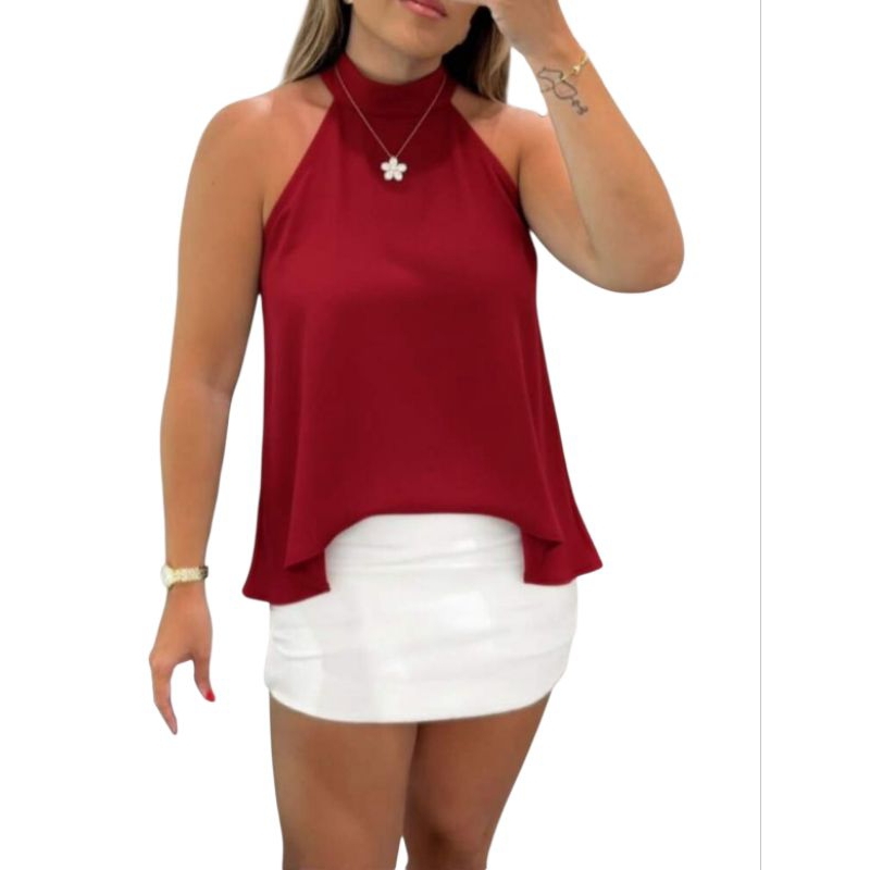 Blusa Feminina Bata Básica com Go,a Alta Longa Amarração Charmosa Nas Costas
