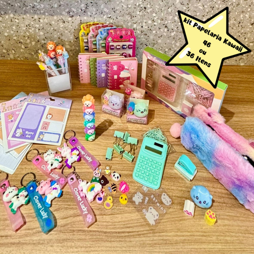 Kit Papelaria Kawaii Fofa 36 Itens Criativos Cute Colors Material Escolar Presente Volta às Aulas Luxo